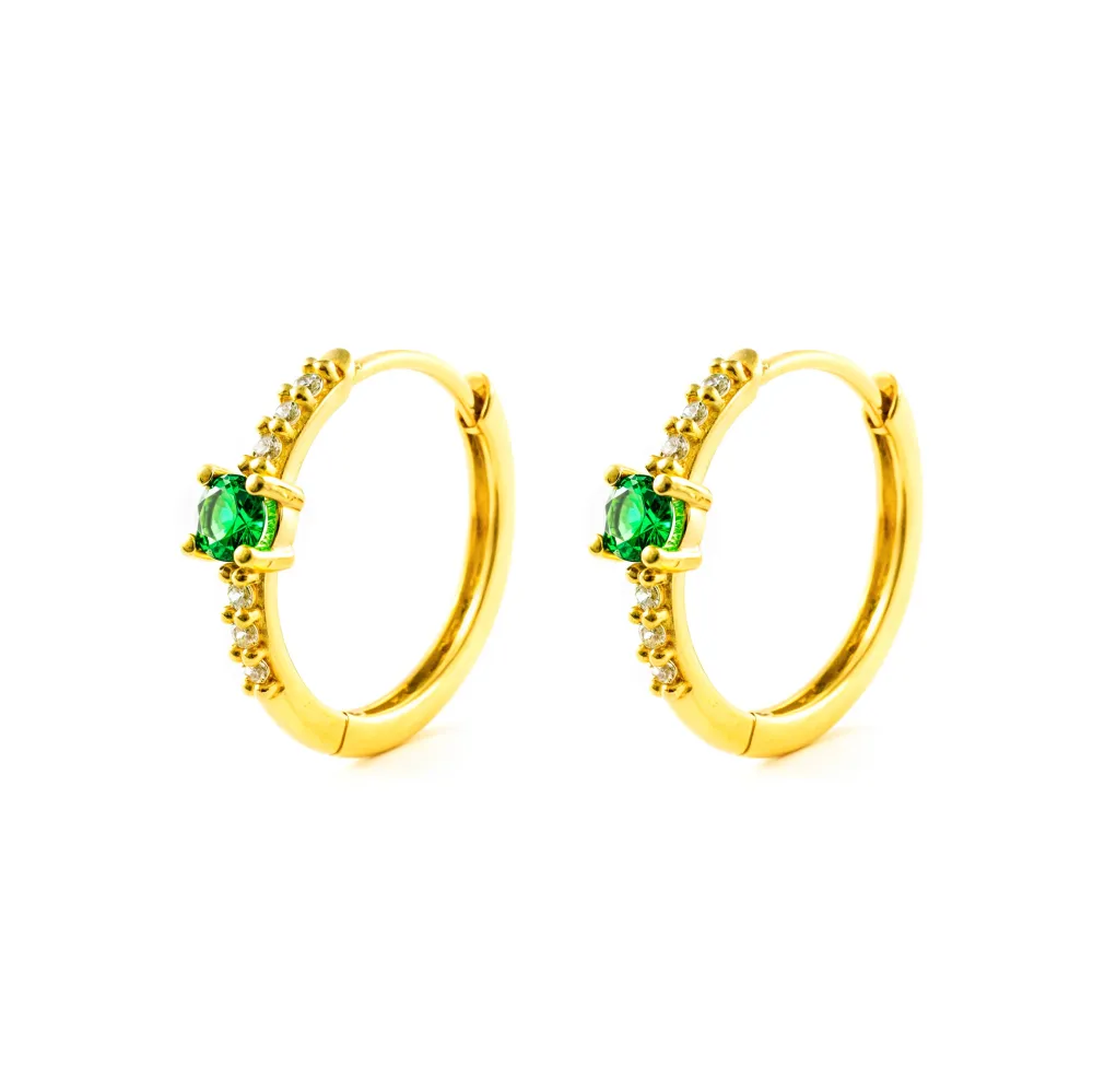 9ct Citroengeel Gold Round Hoop Earrings Synthetic Emeralds Shine 14.5 x 3 mm