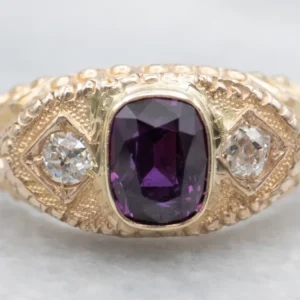 Antique Purple Sapphire and Old Mine Cut Diamond Ring