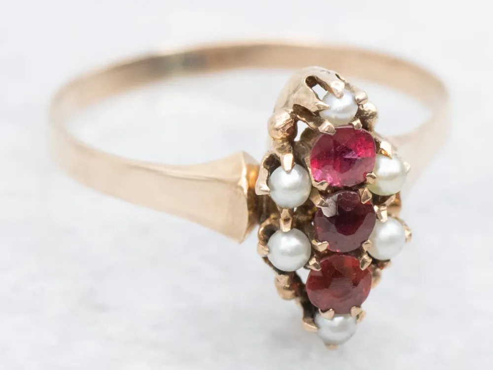 Antique Rose Gouden Ruby Doublet and Seed Pearl Ring