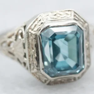 Art Deco Blue Zircon Filigree Solitaire Ring