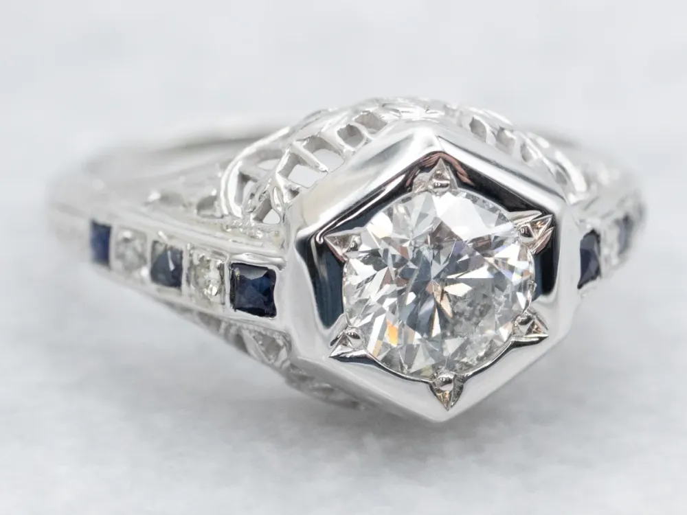 Art Deco Diamond and Sapphire Engagement Ring met CE-Keurmerk