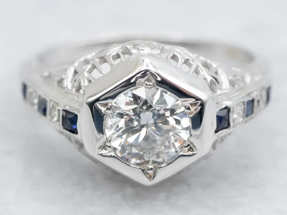 Art Deco Diamond and Sapphire Engagement Ring met CE-Keurmerk