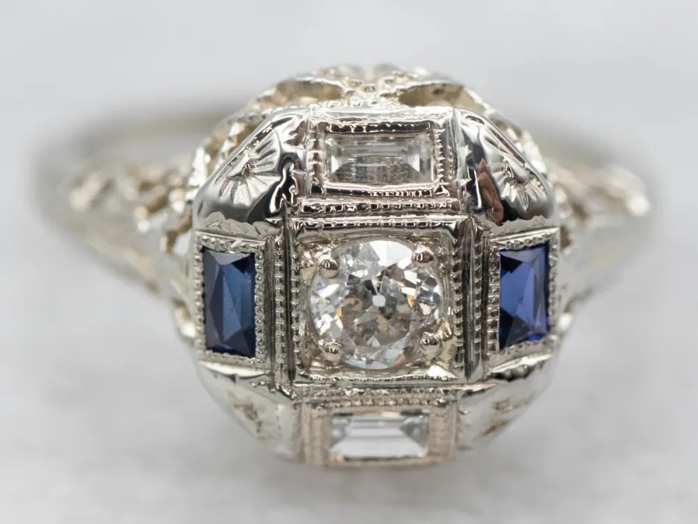 Art Deco Diamond and Synthetic Sapphire Engagement Ring met CE-Keurmerk