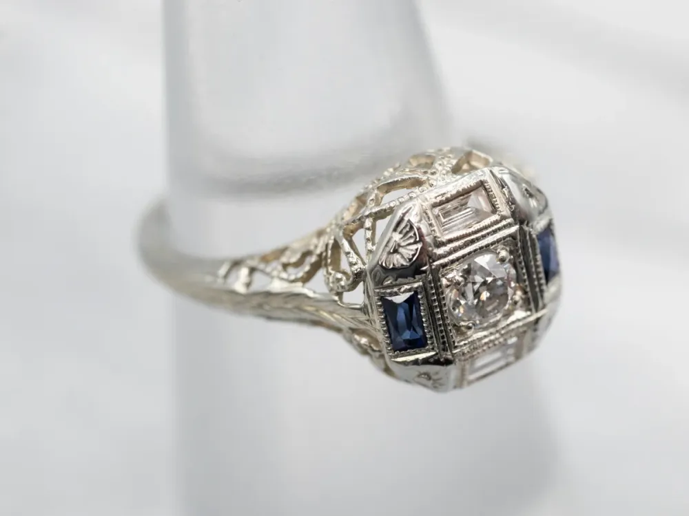 Art Deco Diamond and Synthetic Sapphire Engagement Ring met CE-Keurmerk