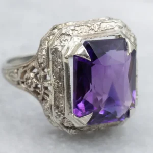 Art Deco Emerald Cut Amethyst Ring Floral Filigree - DIN Norm