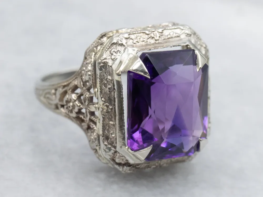 Art Deco Emerald Cut Amethyst Ring Floral Filigree - DIN Norm