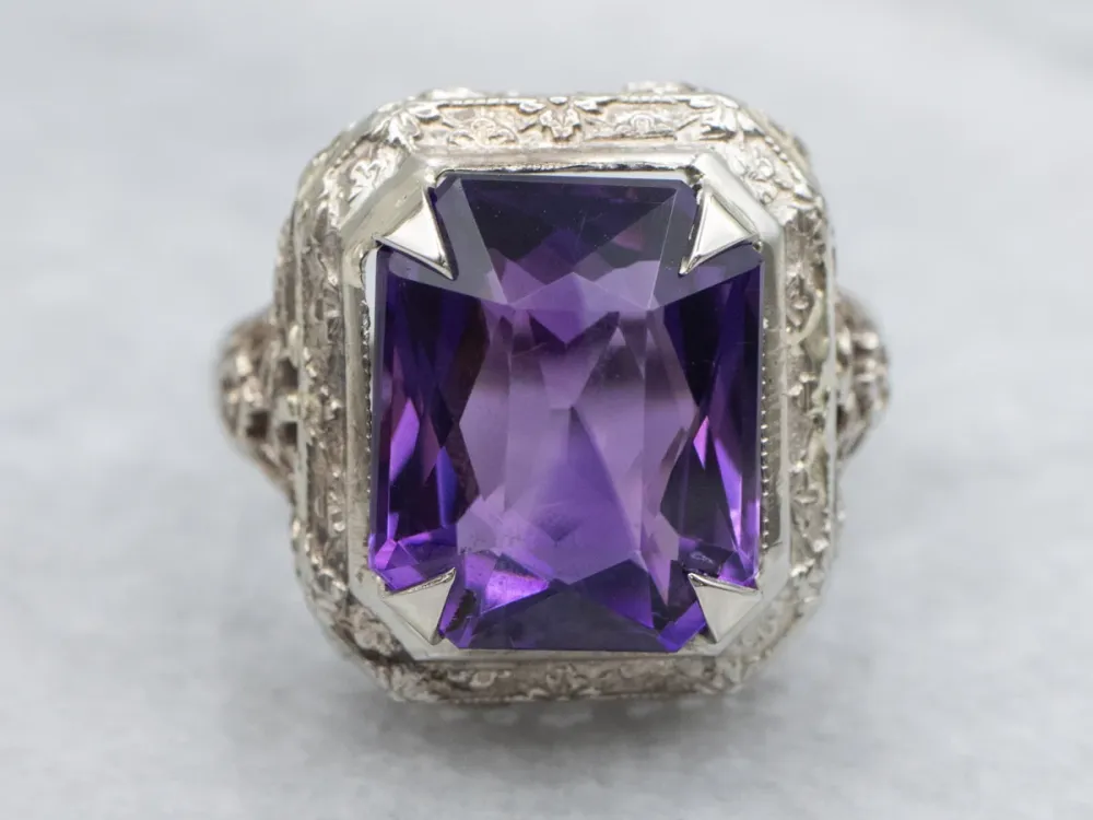 Art Deco Emerald Cut Amethyst Ring Floral Filigree - DIN Norm