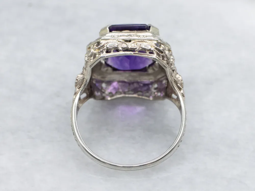 Art Deco Emerald Cut Amethyst Ring Floral Filigree - DIN Norm