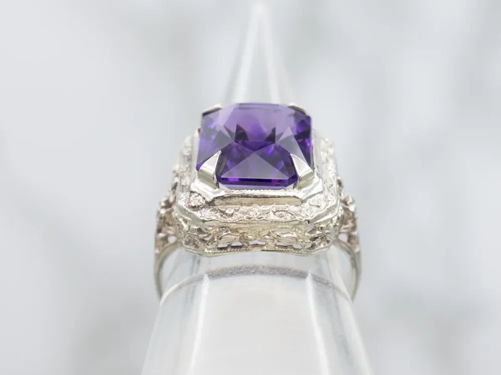 Art Deco Emerald Cut Amethyst Ring Floral Filigree - DIN Norm