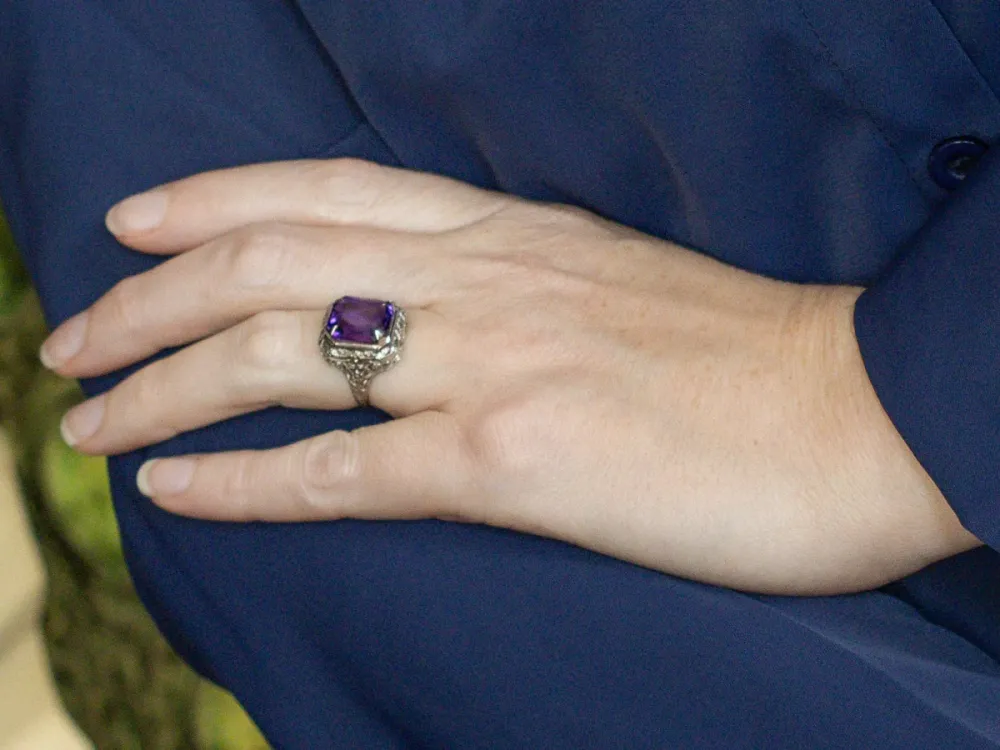Art Deco Emerald Cut Amethyst Ring Floral Filigree - DIN Norm