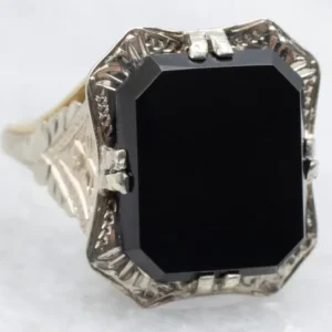 Art Deco Etched Gold Ravenzwart Onyx Statement Ring - DIN Norm