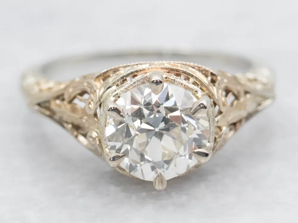 Art Deco European Cut Diamond Solitaire Engagement Ring - DIN Norm