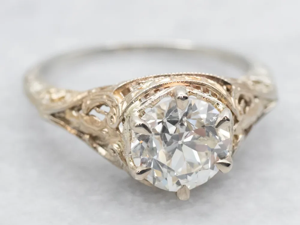 Art Deco European Cut Diamond Solitaire Engagement Ring - DIN Norm