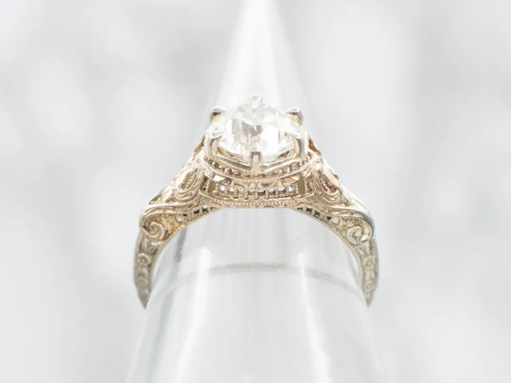 Art Deco European Cut Diamond Solitaire Engagement Ring - DIN Norm