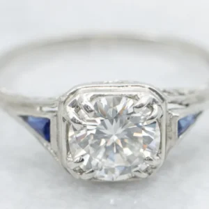Art Deco GIA Gewaarborgd Diamond and Sapphire Engagement Ring