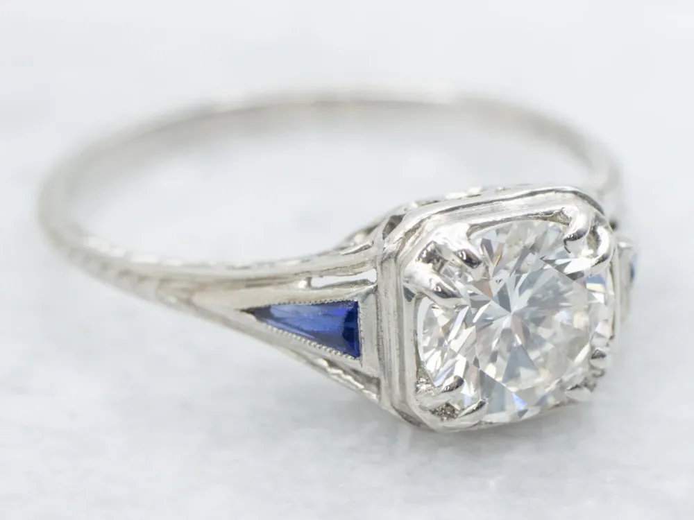 Art Deco GIA Gewaarborgd Diamond and Sapphire Engagement Ring