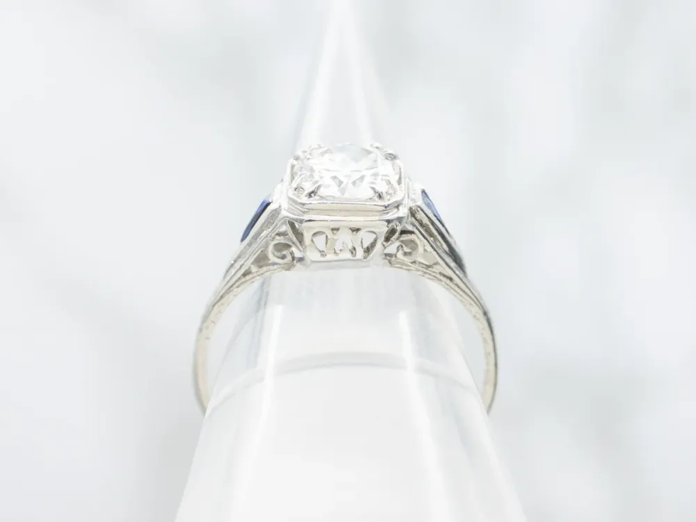 Art Deco GIA Gewaarborgd Diamond and Sapphire Engagement Ring