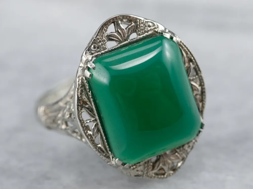 Art Deco Groen Onyx Filigree Ring met CE-Keurmerk