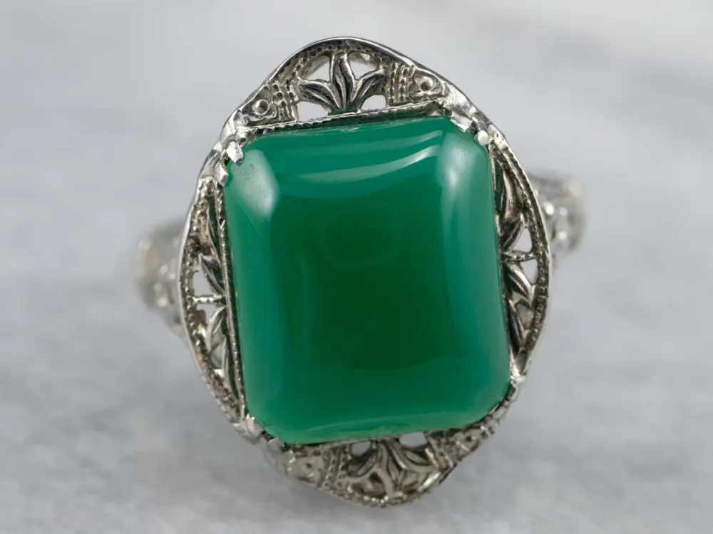 Art Deco Groen Onyx Filigree Ring met CE-Keurmerk