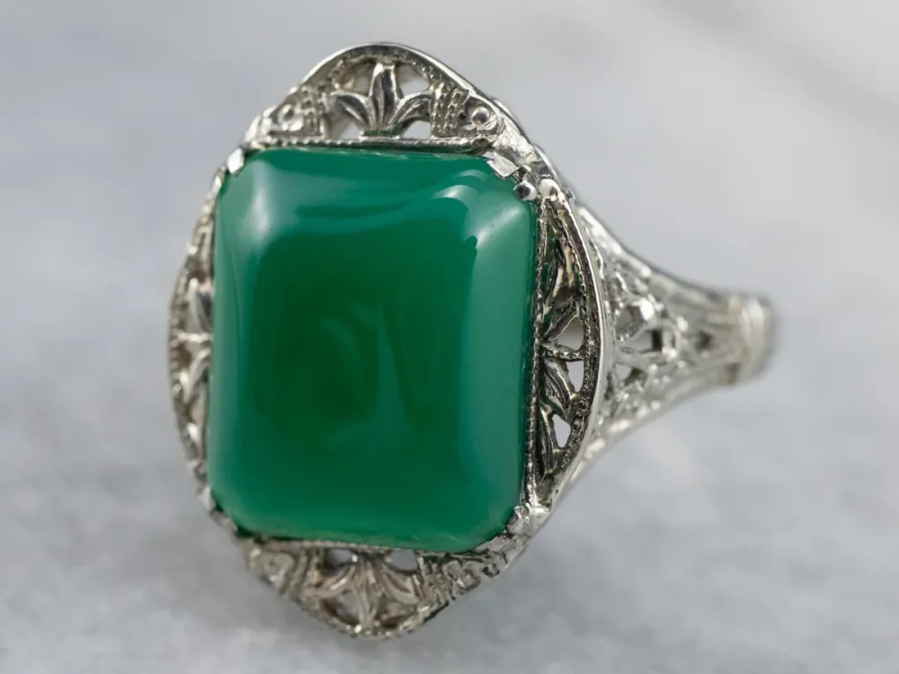 Art Deco Groen Onyx Filigree Ring met CE-Keurmerk
