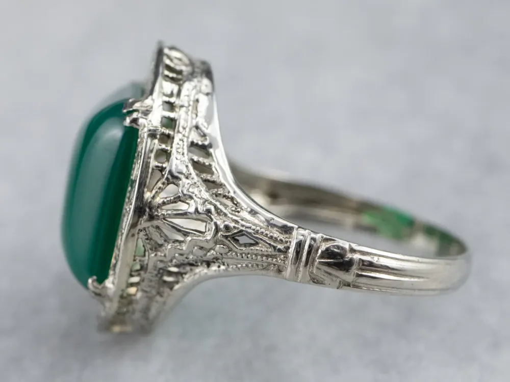 Art Deco Groen Onyx Filigree Ring met CE-Keurmerk