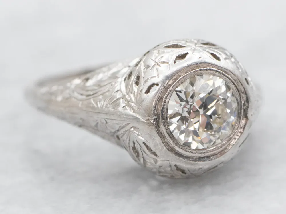 Art Deco Inspired European Cut Diamond Solitaire Engagement Ring - DIN Norm