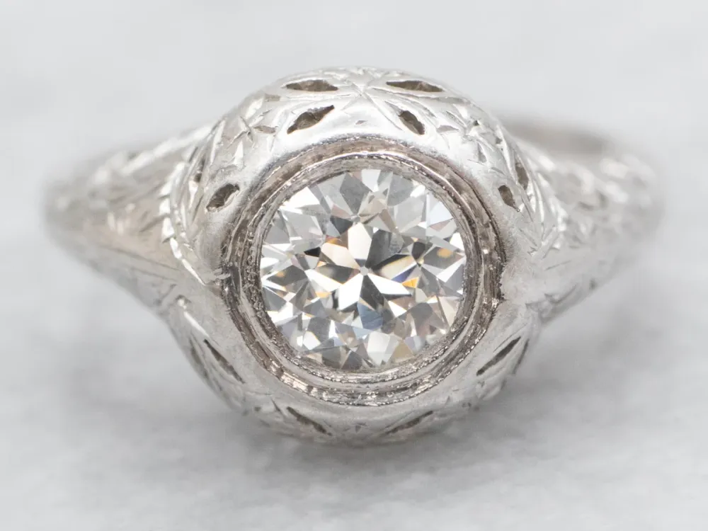 Art Deco Inspired European Cut Diamond Solitaire Engagement Ring - DIN Norm