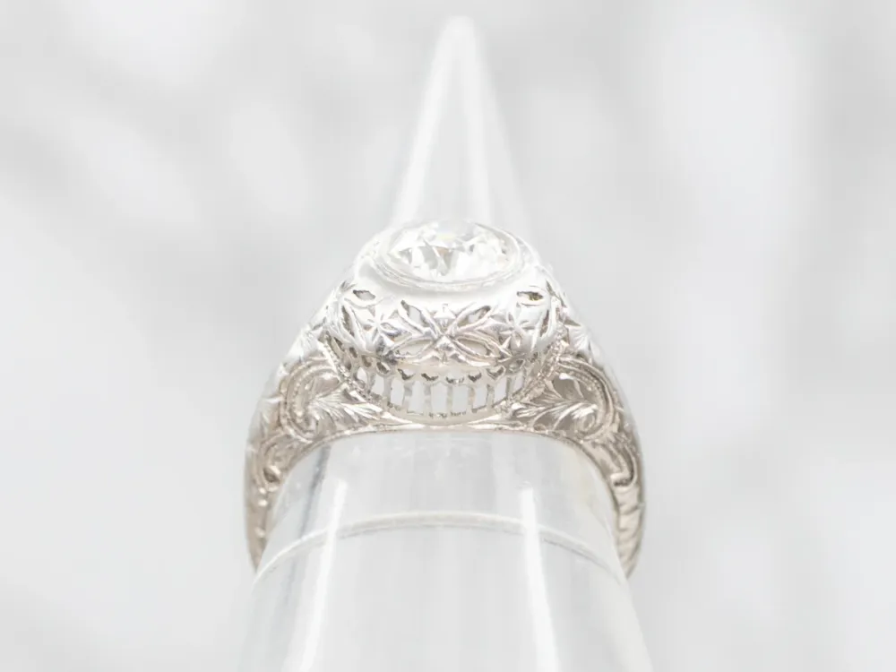Art Deco Inspired European Cut Diamond Solitaire Engagement Ring - DIN Norm