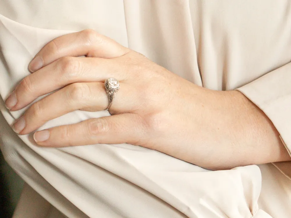 Art Deco Inspired European Cut Diamond Solitaire Engagement Ring - DIN Norm
