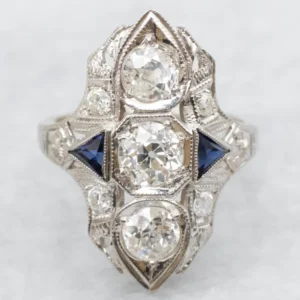 Art Deco Inspired Old Mine Cut Diamond and Synthetic Sapphire Dinner Ring met CE-Keurmerk