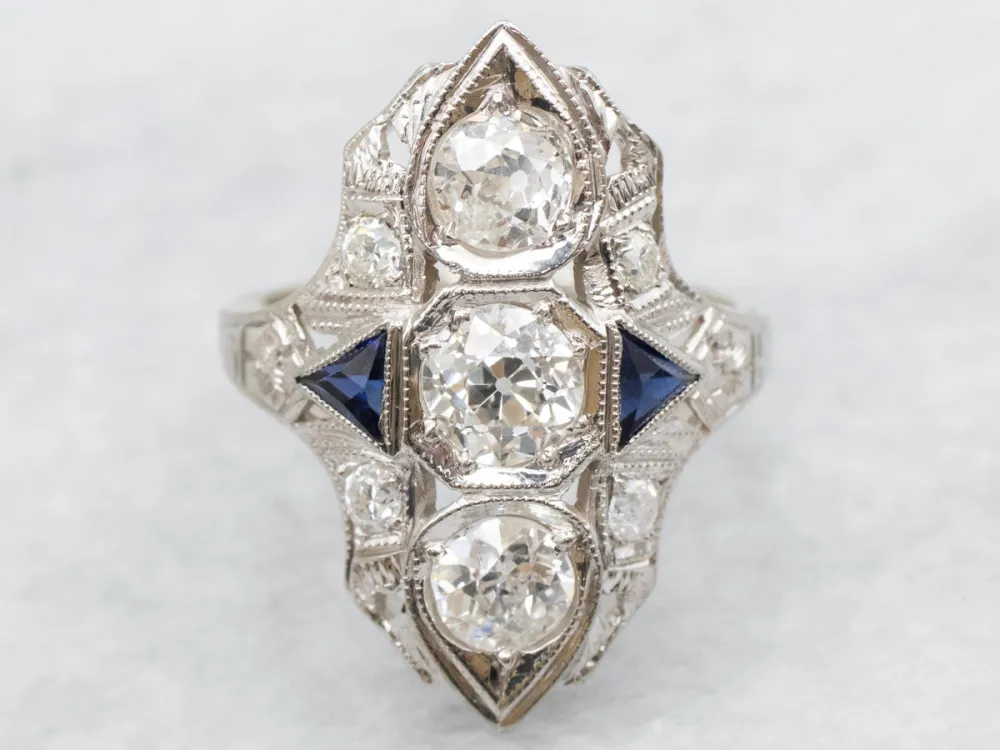 Art Deco Inspired Old Mine Cut Diamond and Synthetic Sapphire Dinner Ring met CE-Keurmerk