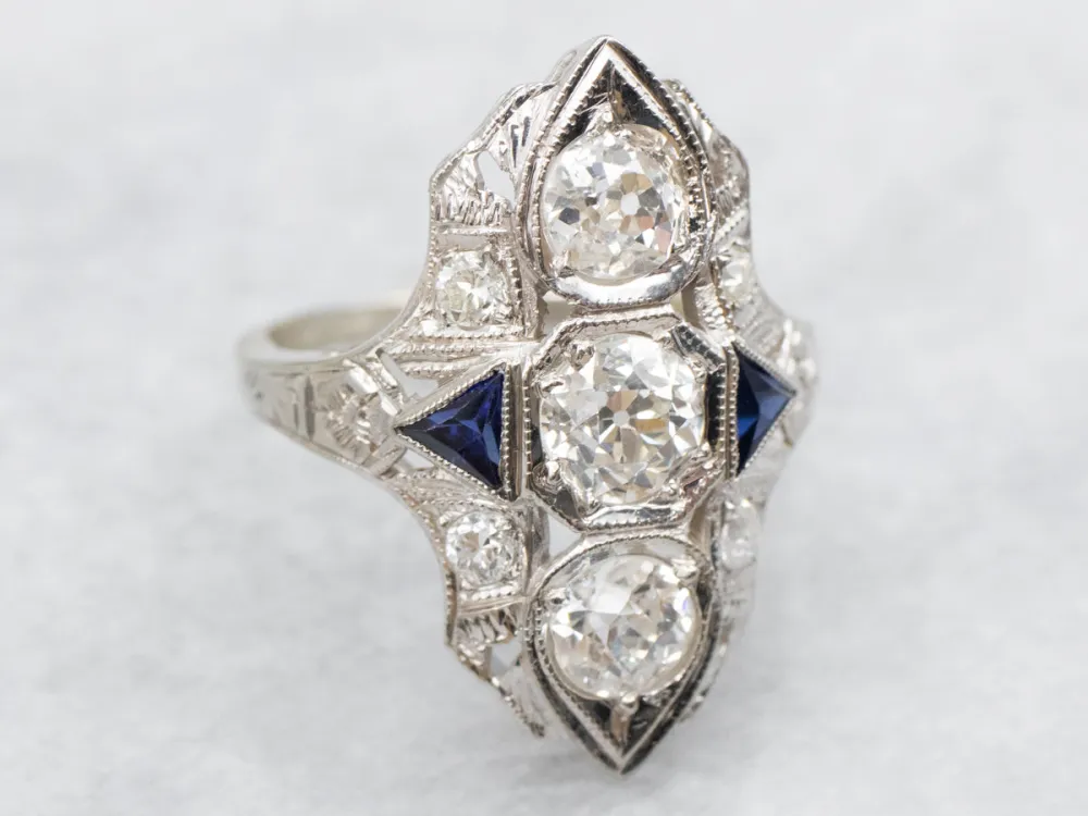 Art Deco Inspired Old Mine Cut Diamond and Synthetic Sapphire Dinner Ring met CE-Keurmerk