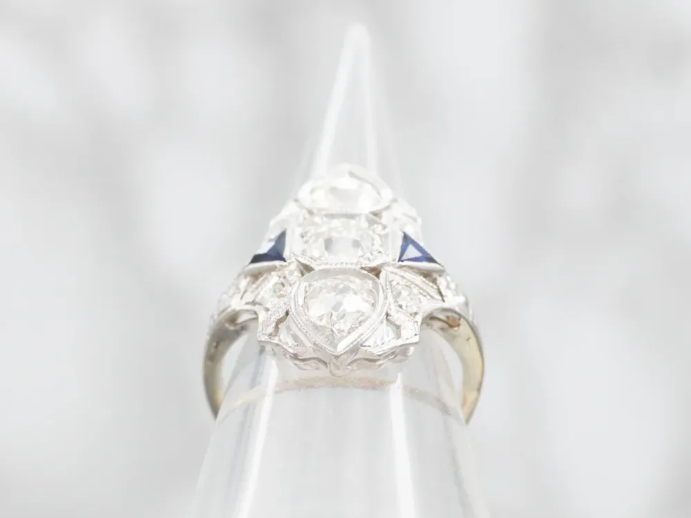 Art Deco Inspired Old Mine Cut Diamond and Synthetic Sapphire Dinner Ring met CE-Keurmerk