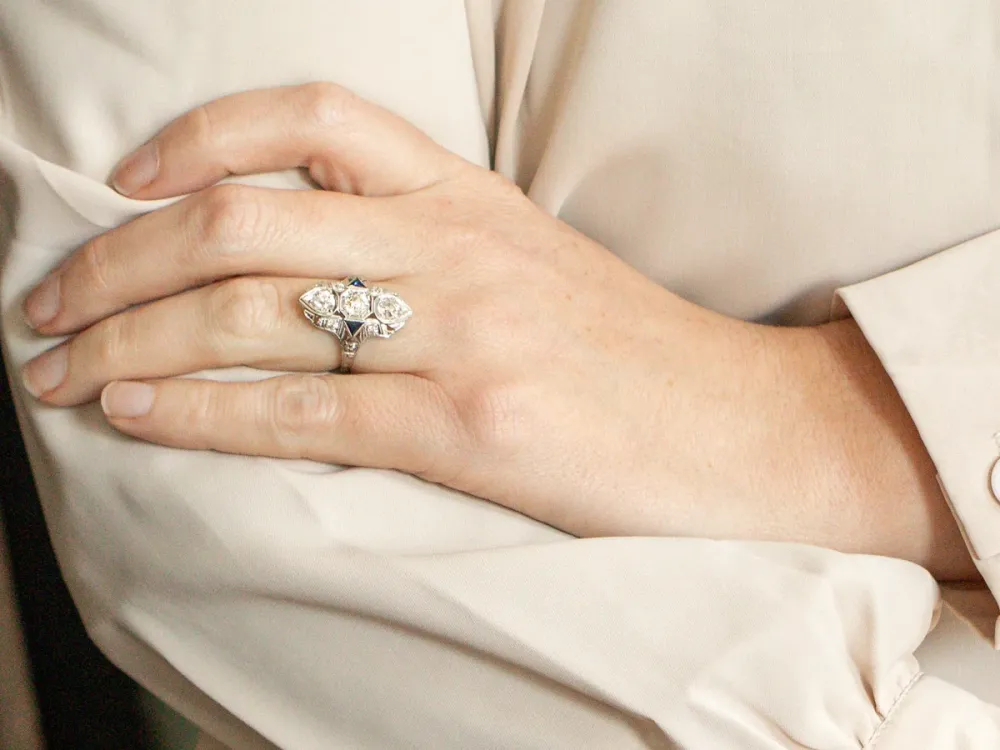 Art Deco Inspired Old Mine Cut Diamond and Synthetic Sapphire Dinner Ring met CE-Keurmerk