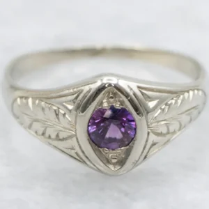 Art Deco Purple Sapphire Ring Botanical Etched Shoulders