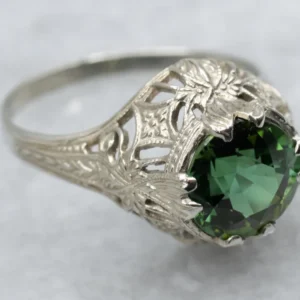 Art Deco White Gold Olijfgroen Tourmaline Solitaire Ring met CE-Keurmerk