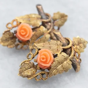 Art Nouveau Leaf and Warmroze Flower Earrings