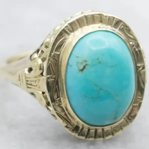 Art Nouveau Olijfgroen Gold Turquoise Filigree Ring