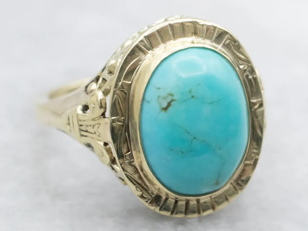 Art Nouveau Olijfgroen Gold Turquoise Filigree Ring