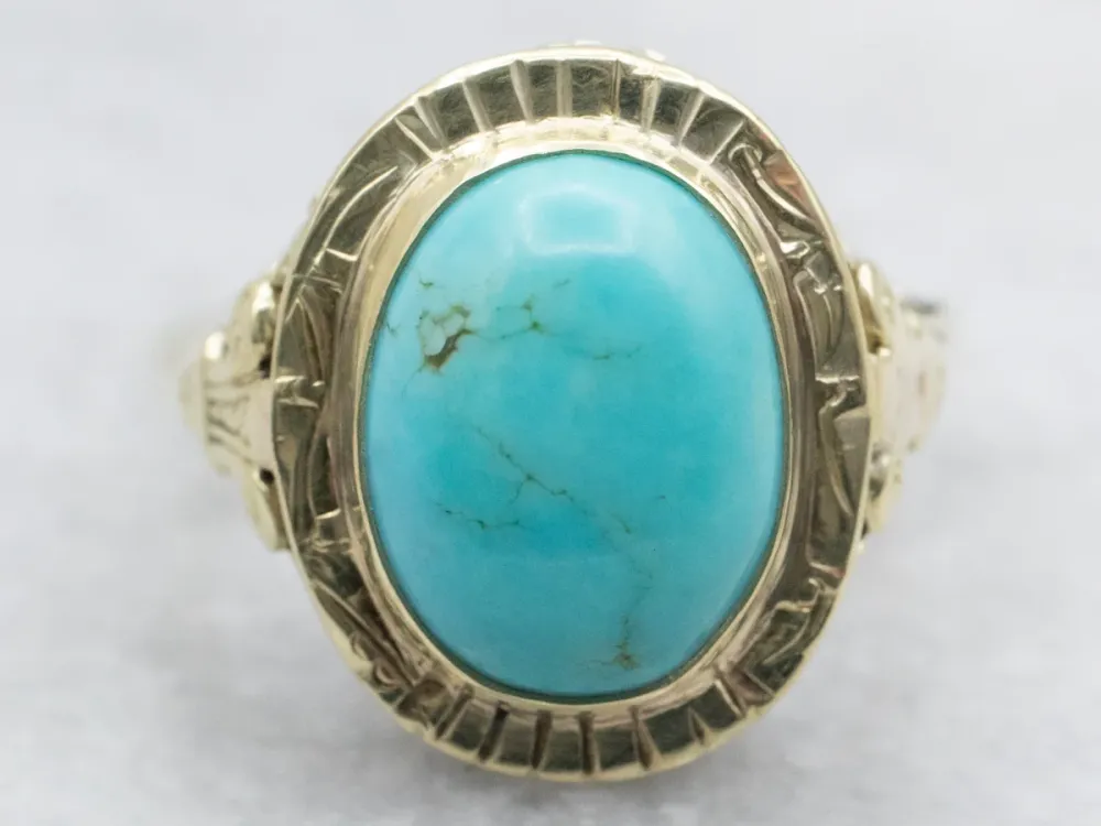 Art Nouveau Olijfgroen Gold Turquoise Filigree Ring