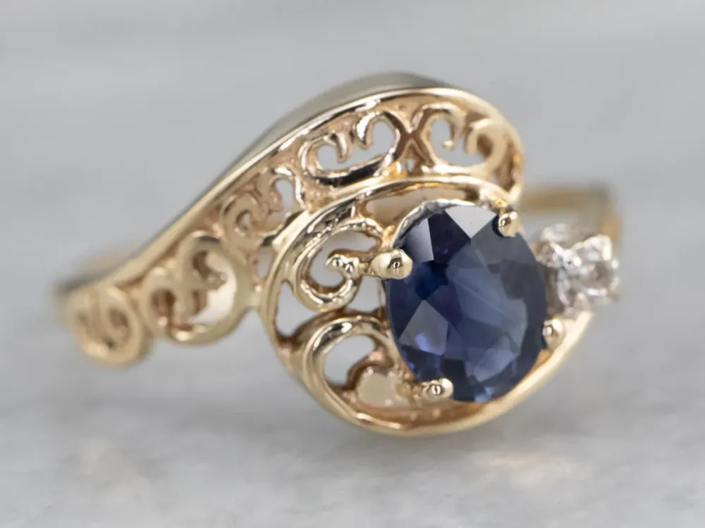 Asymmetrical Sapphire Diamond Gouden Filigree Ring