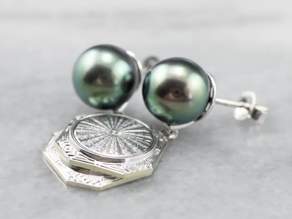 Black Pearl and Etched Gold Drop Earrings