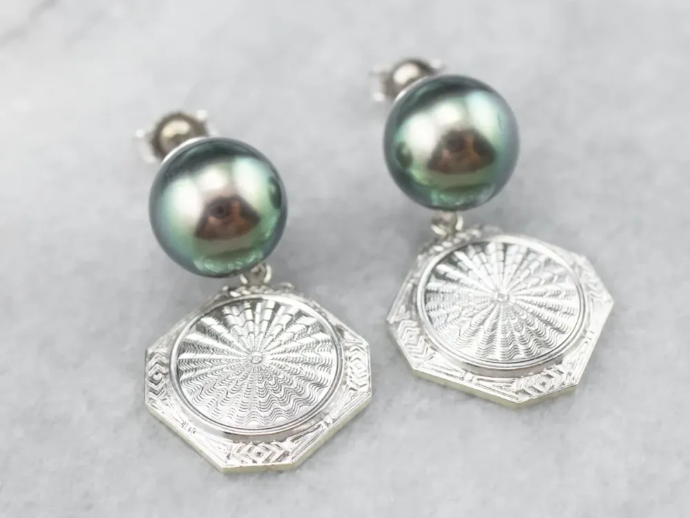 Black Pearl and Etched Gold Drop Earrings
