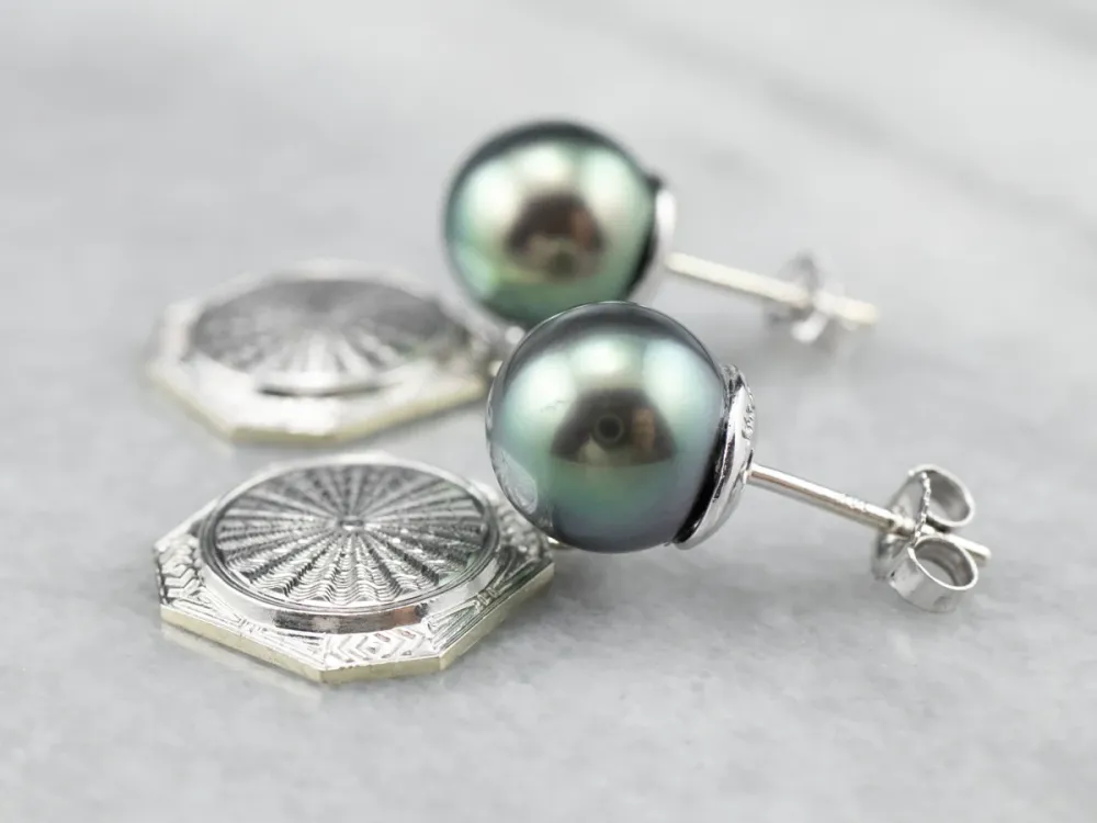 Black Pearl and Etched Gold Drop Earrings