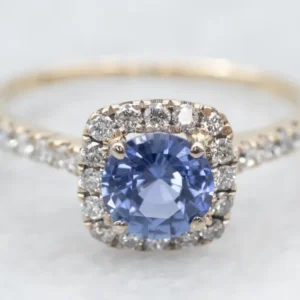 Blue Sapphire and Diamond Halo Ring