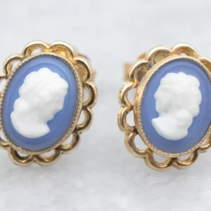 Blue and White Cameo Stud Earrings