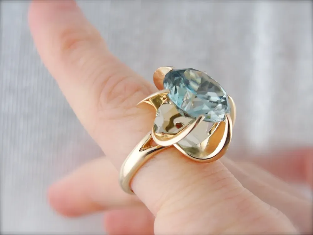 Blue Zircon Cocktail Ring, Antiekstijl Blue Zircon Ring, Mid Century Statement Ring - DIN Norm
