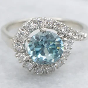 Blue Zircon and Diamond Bypass Ring
