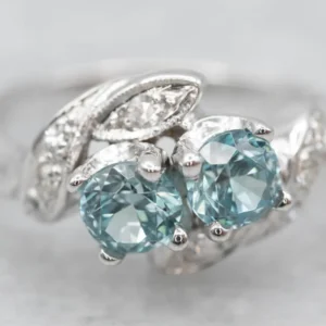 Blue Zircon and Diamond Toi et Moi Bypass Ring