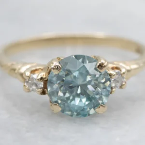 Blue Zircon and Diamond Yellow Gold Ring